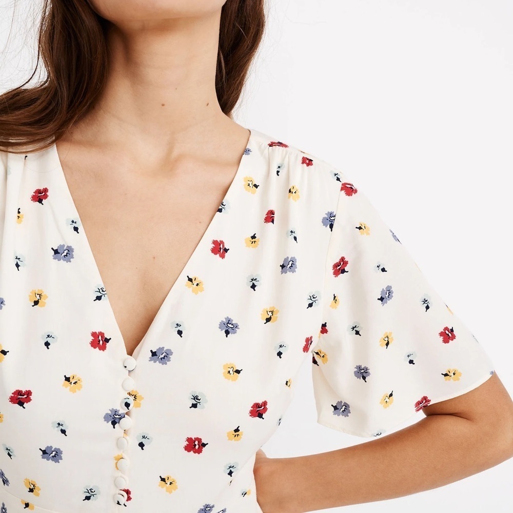 197 Madewell | EUC Ivory Floral Cap‑Sleeve Button‑Front Midi Dress (Size 2) - Picture 3 of 15
